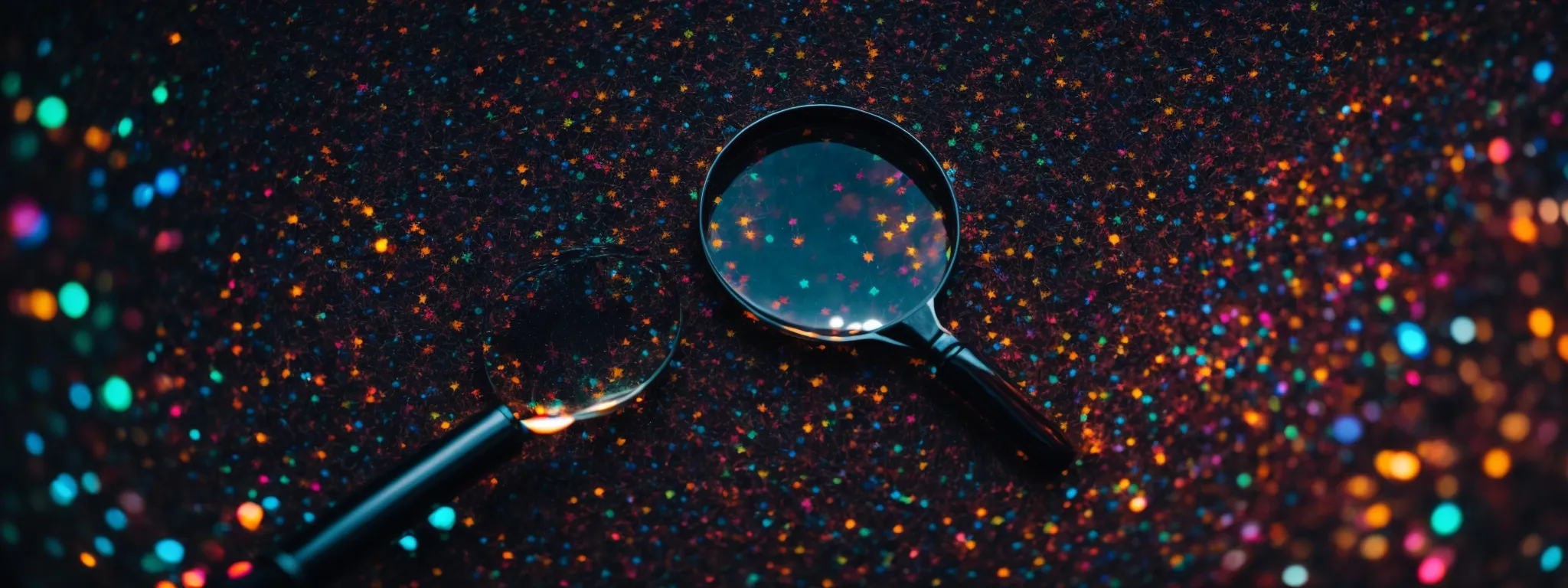 a magnifying glass hovering over a colorful, intricate web of connected points symbolizing a network of seo data.