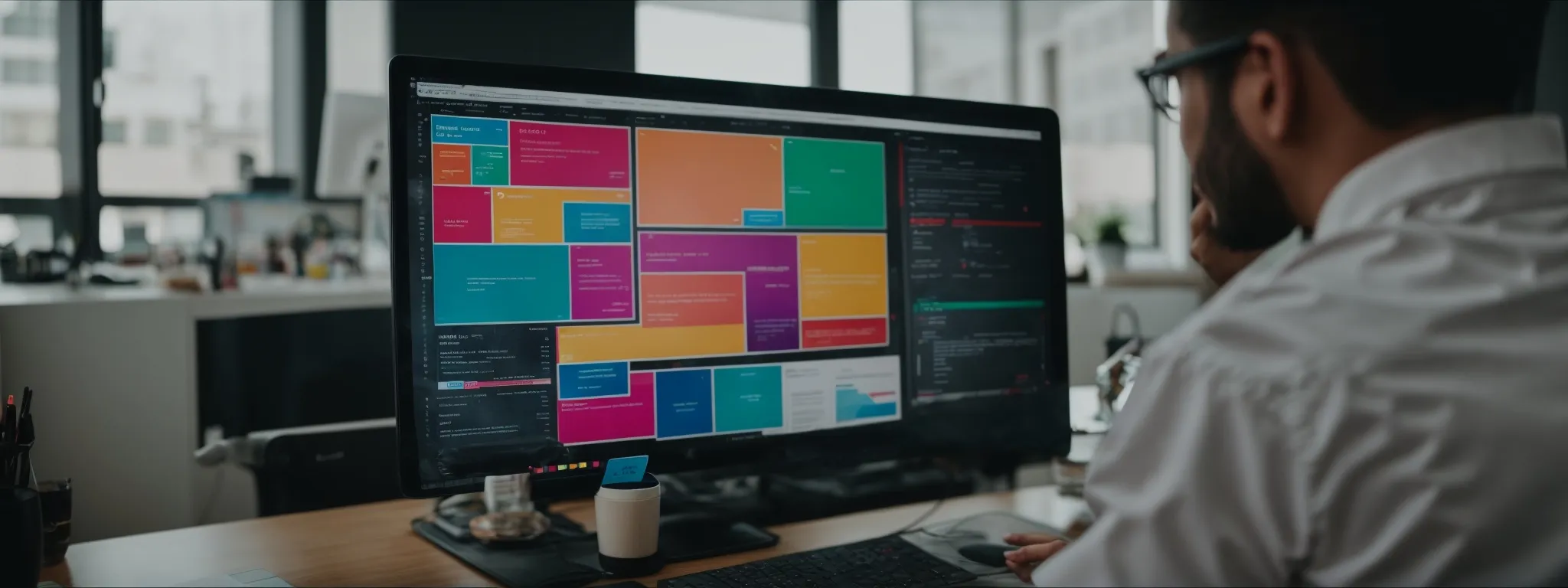 a digital marketer reviews a colorful seo strategy flowchart on a computer screen in a bright, modern office.