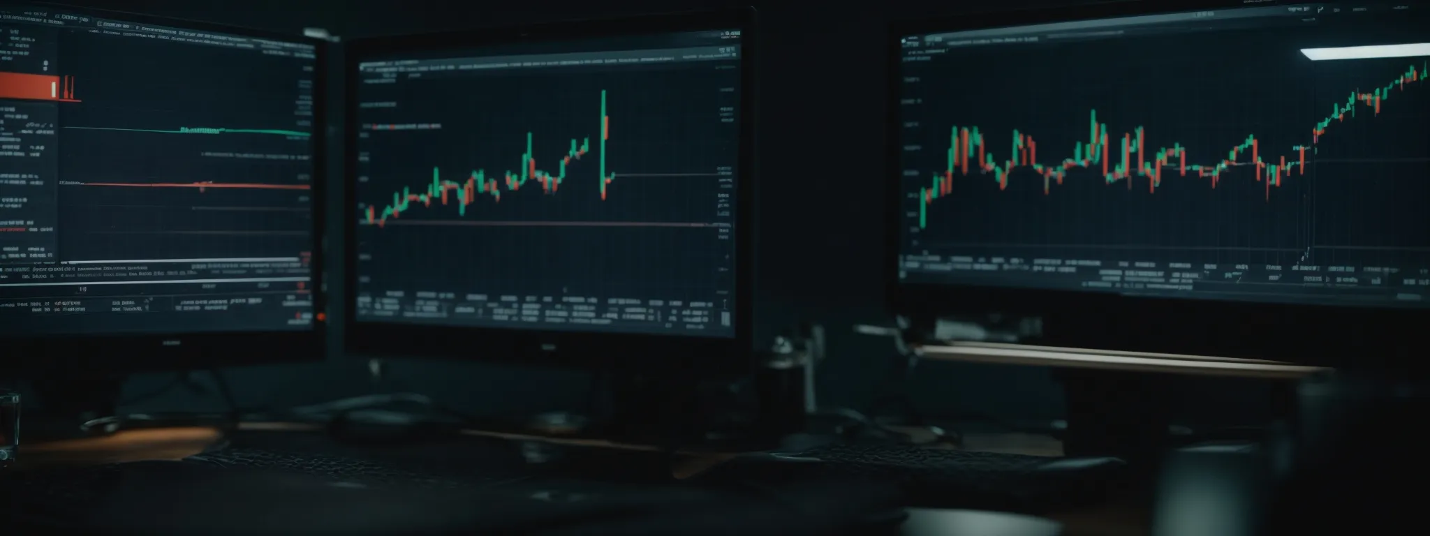 a person analyzing a computer screen displaying bar graphs and pie charts of market data.