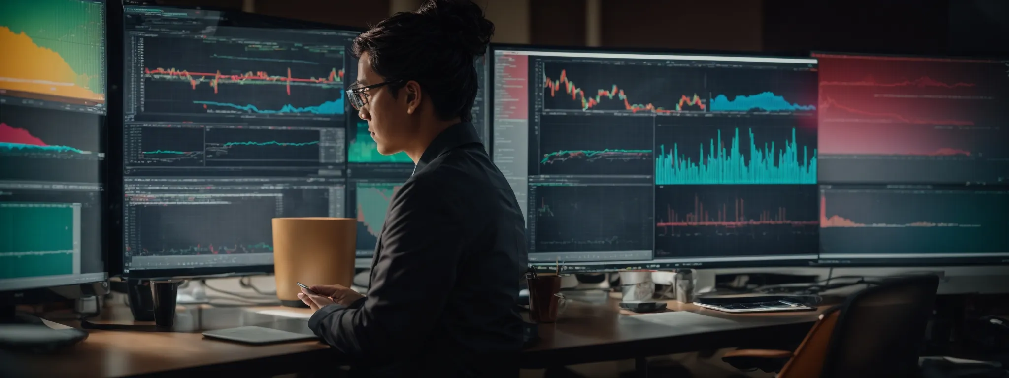 a focused individual analyzing colorful graphs and charts on a computer screen displaying keyword research data.