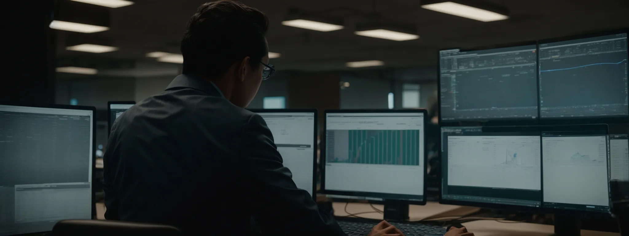 a person sitting at a computer desk analyzing data charts on a screen in a well-lit office space.