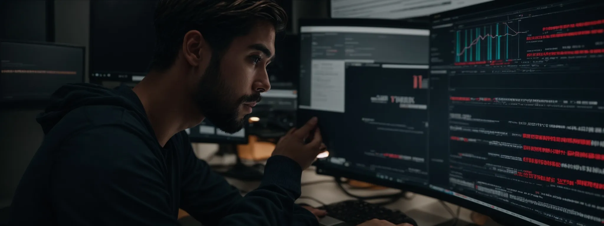 a content creator intently studies their computer screen, displaying youtube analytics and a search bar hinting at keyword research.