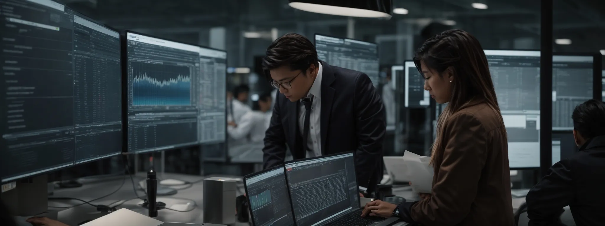 a marketing team analyses data trends on a large monitor, unveiling strategies for improved seo performance.