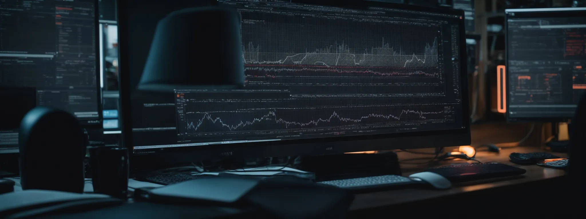 a digital marketer analyzes intricate graphs on a computer screen, reflecting the complexity of modern search trends. 