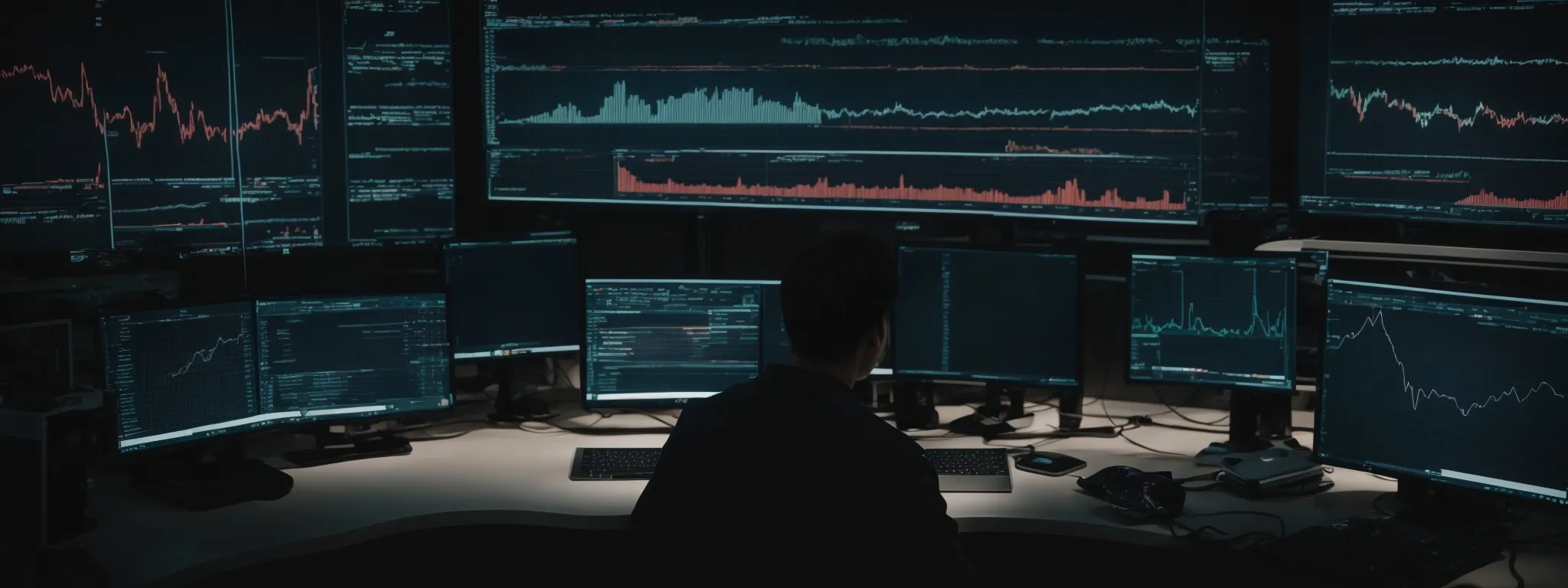 a person sitting in front of a computer, analyzing graphs and data on seo keyword trends.