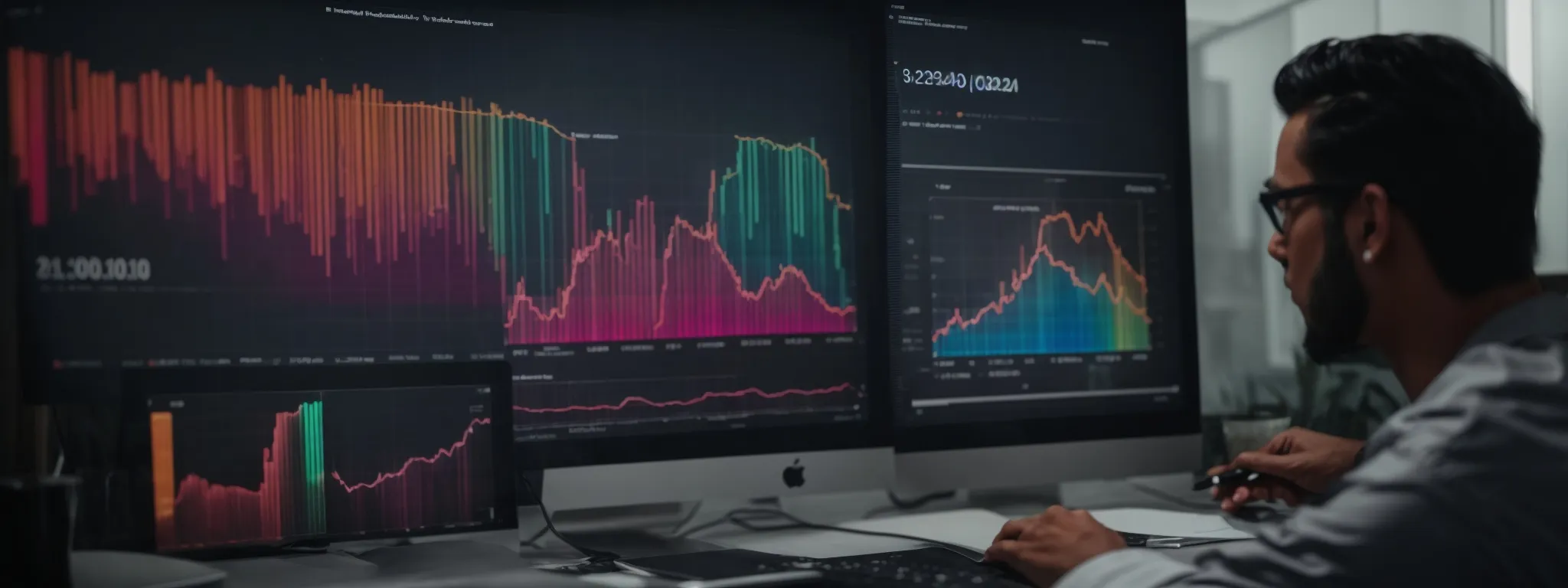 a marketer analyzes a colorful graph on a computer screen, showing search query trends and keyword performance statistics.