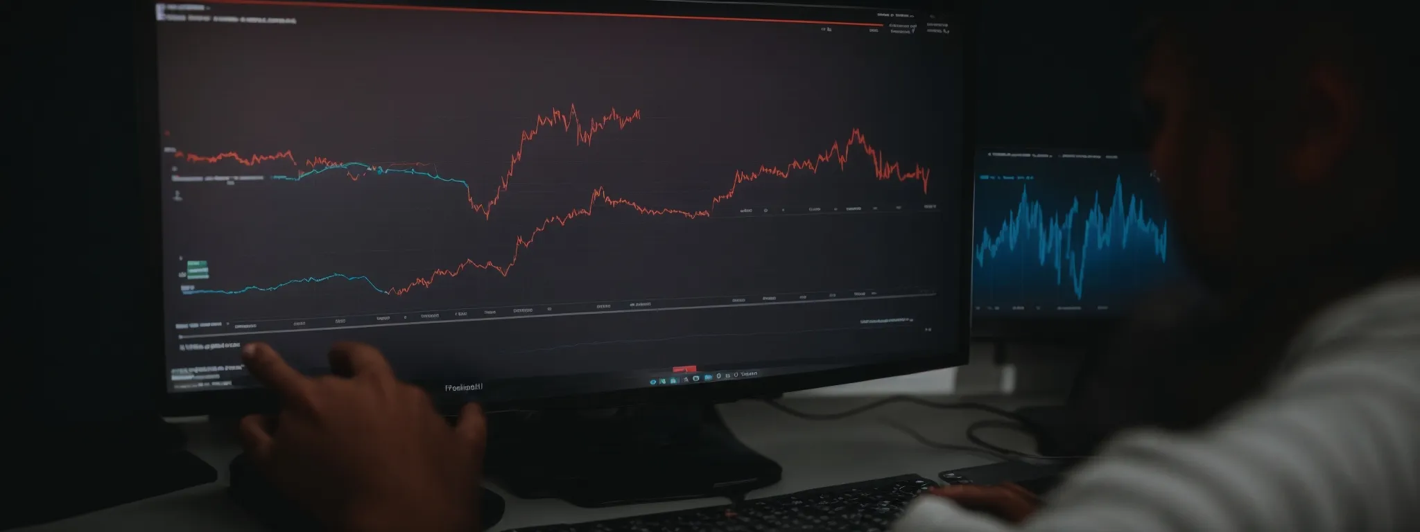 a digital marketer observes a graph on a computer screen, reflecting the rise in search engine rankings due to effective keyword tracking.