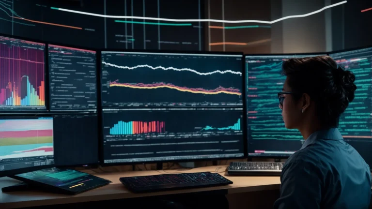 a person intently studies a large computer monitor displaying colorful graphs and data pertinent to keyword performance trends.