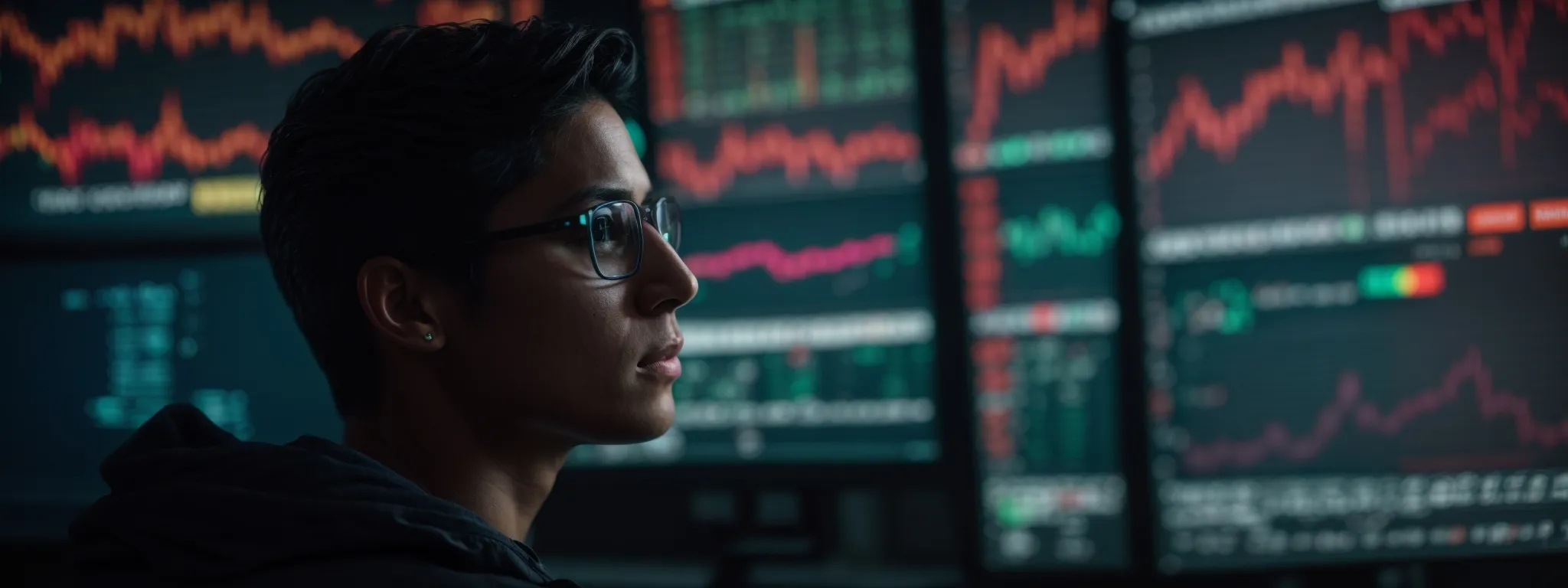 a person gazes intently at a large computer screen displaying colorful analytics graphs and keyword performance metrics.