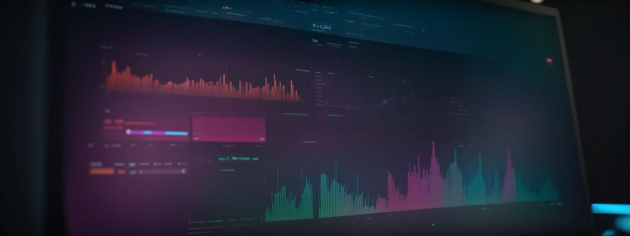 a close-up of a person's hand hovering over a brightly-lit computer screen displaying a colorful data dashboard with various keyword analytics.