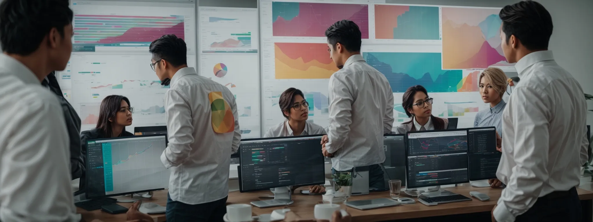a group of professionals gather around a large computer screen, analyzing colorful graphs and data charts depicting seo metrics.
