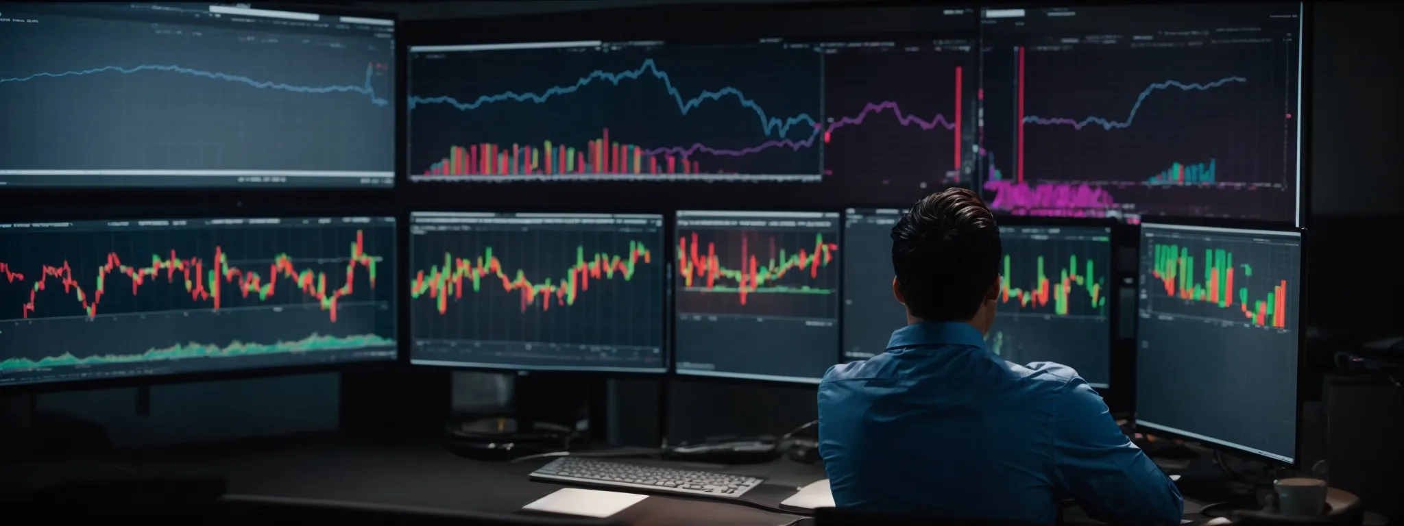 a professional analyzing colorful analytics charts on a computer screen, reflecting website performance metrics.
