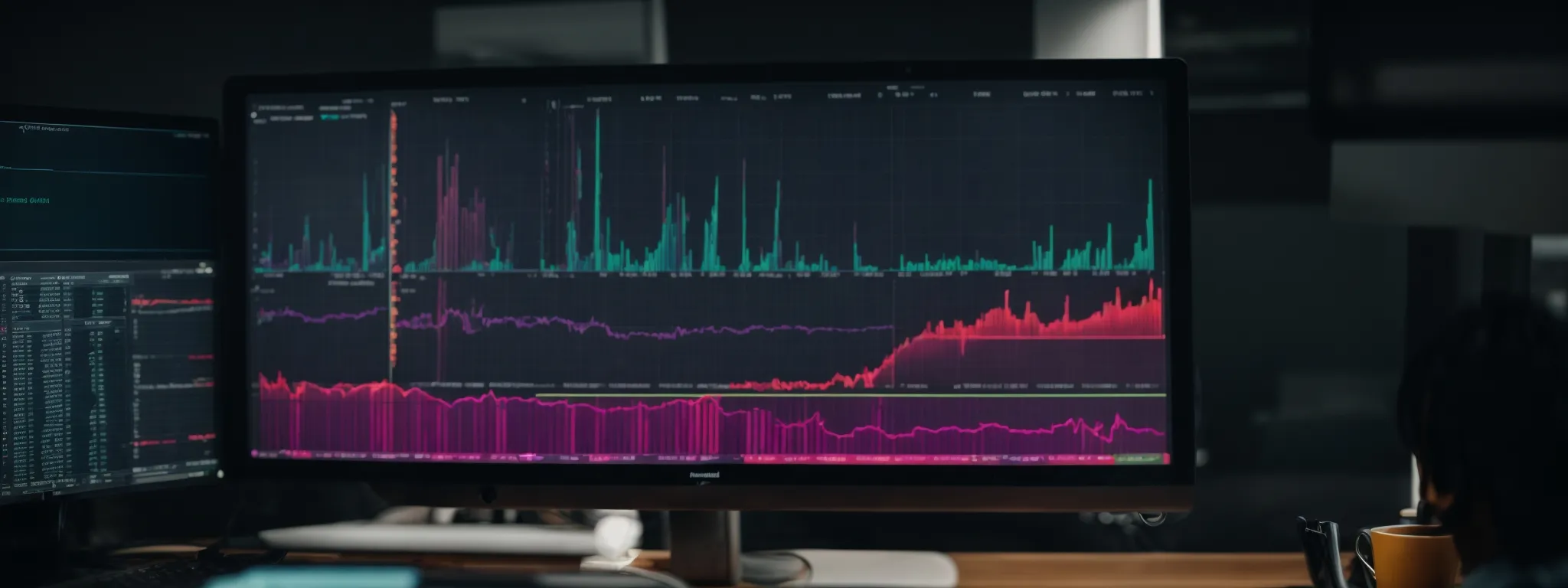a computer screen displaying colorful data analytics graphs amidst a quiet office setting.
