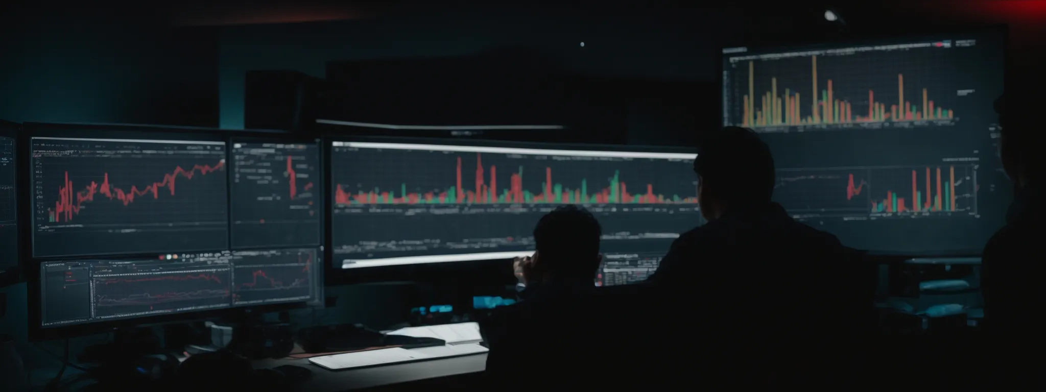 a creator poised before a computer screen displaying graphs of search engine rankings and youtube analytics.