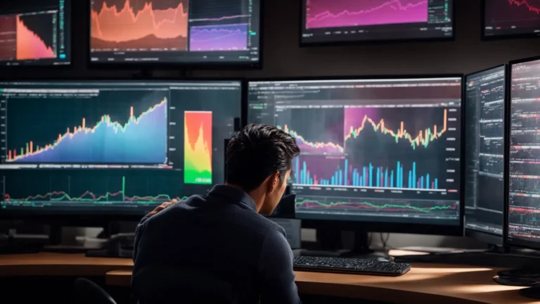 a professional looking intently at colorful graphs and charts displayed on a computer monitor, highlighting search trends and website traffic insights.
