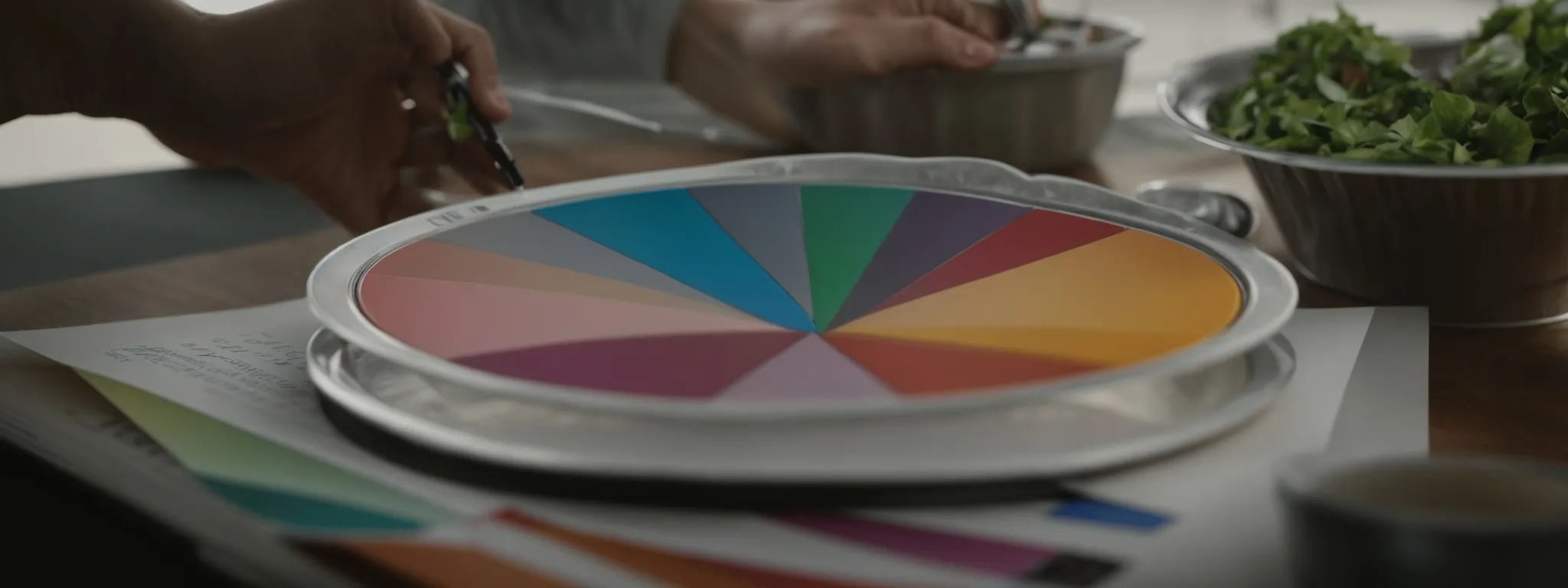 a marketer analyzing a colorful pie chart representing different keyword segments for a targeted ad campaign.