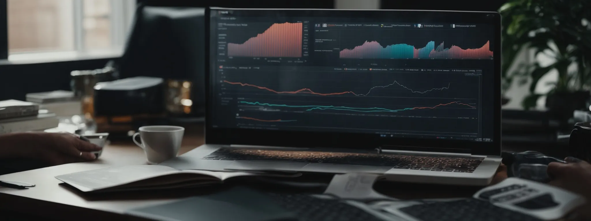 a person working on a laptop with analytics and graphs on the screen, reflecting a strategic seo process.