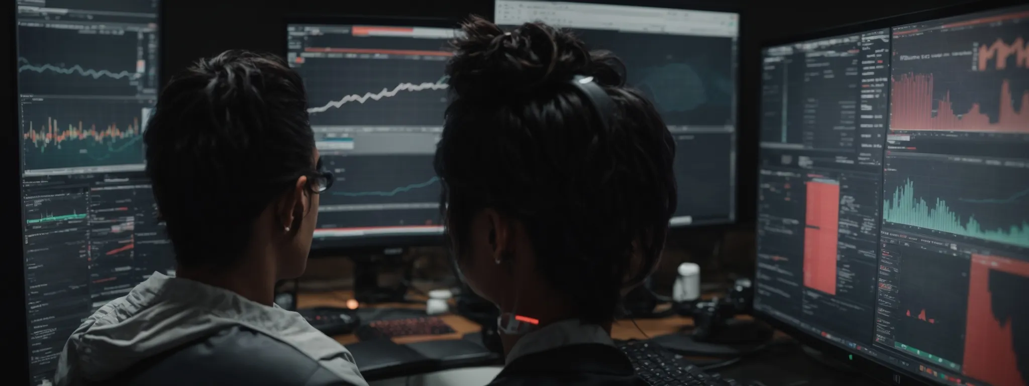 a content creator intently analyzing graphs and charts on a computer screen, reflecting youtube analytics data.