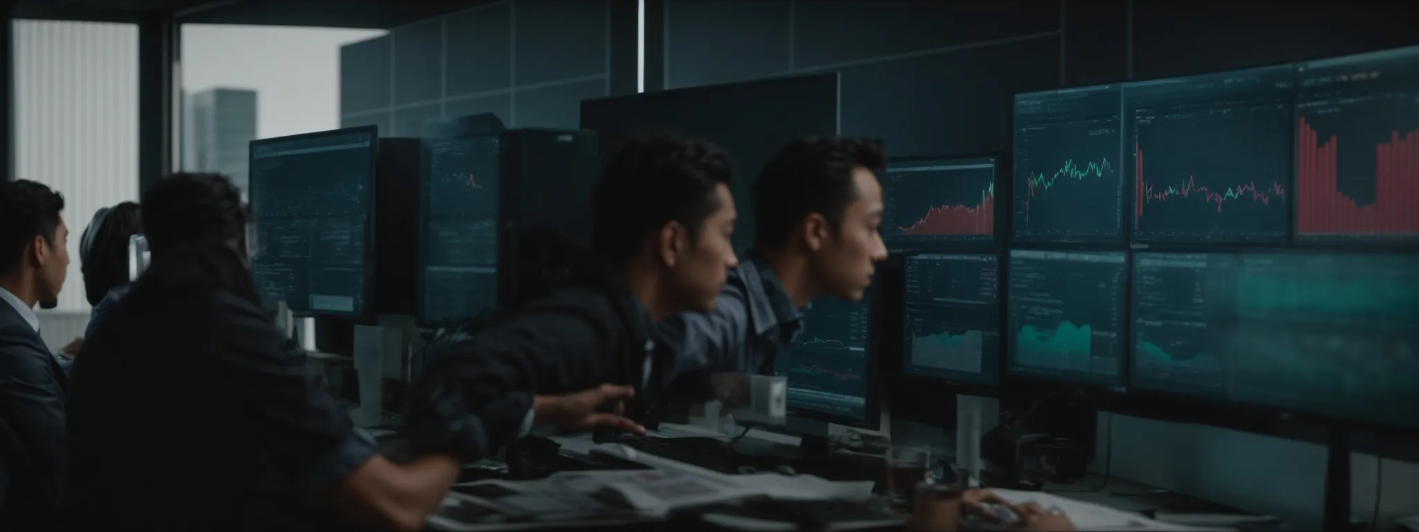 a marketing team analyzes keyword performance charts on a computer in a digital advertising office.
