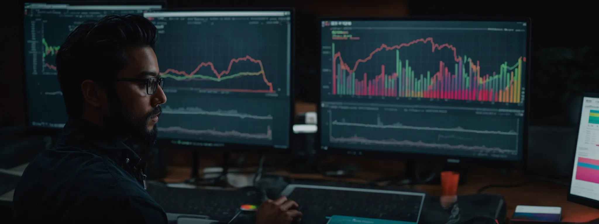 a digital marketer intently studies a computer screen displaying colorful graphs and data analytics.