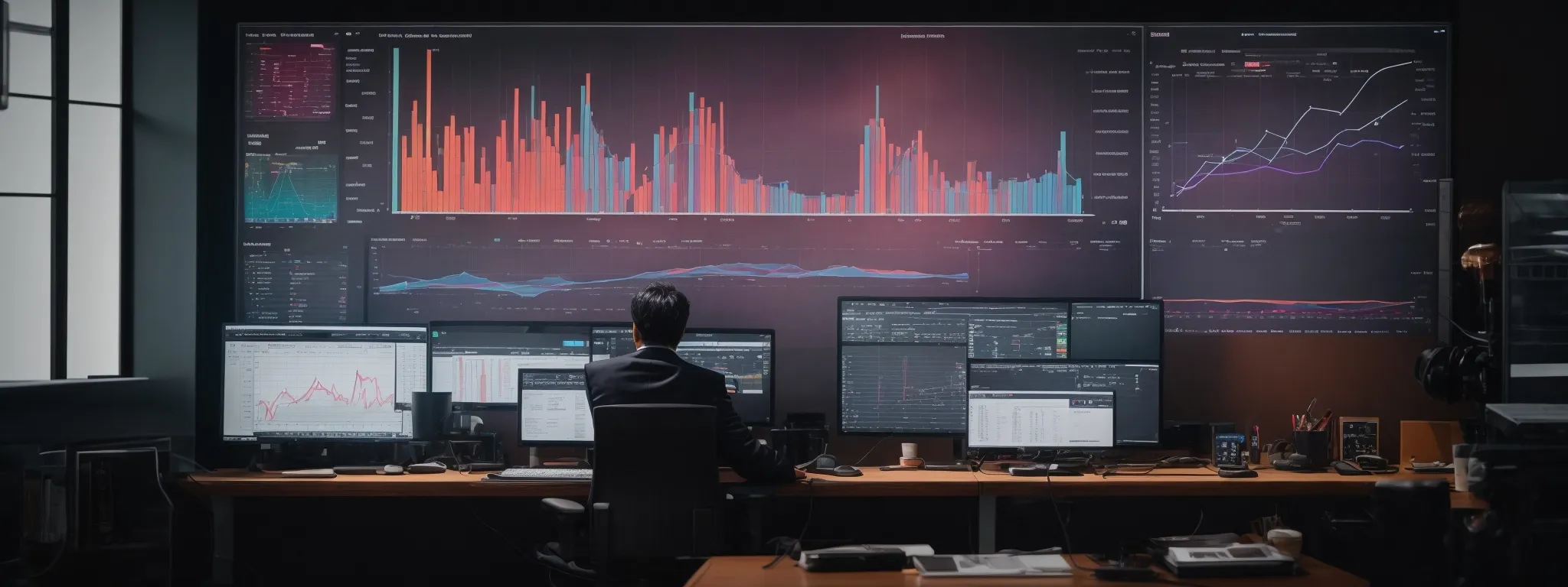 a person sits at a modern workspace, concentrating on a large screen displaying colorful graphs and charts related to seo metrics.
