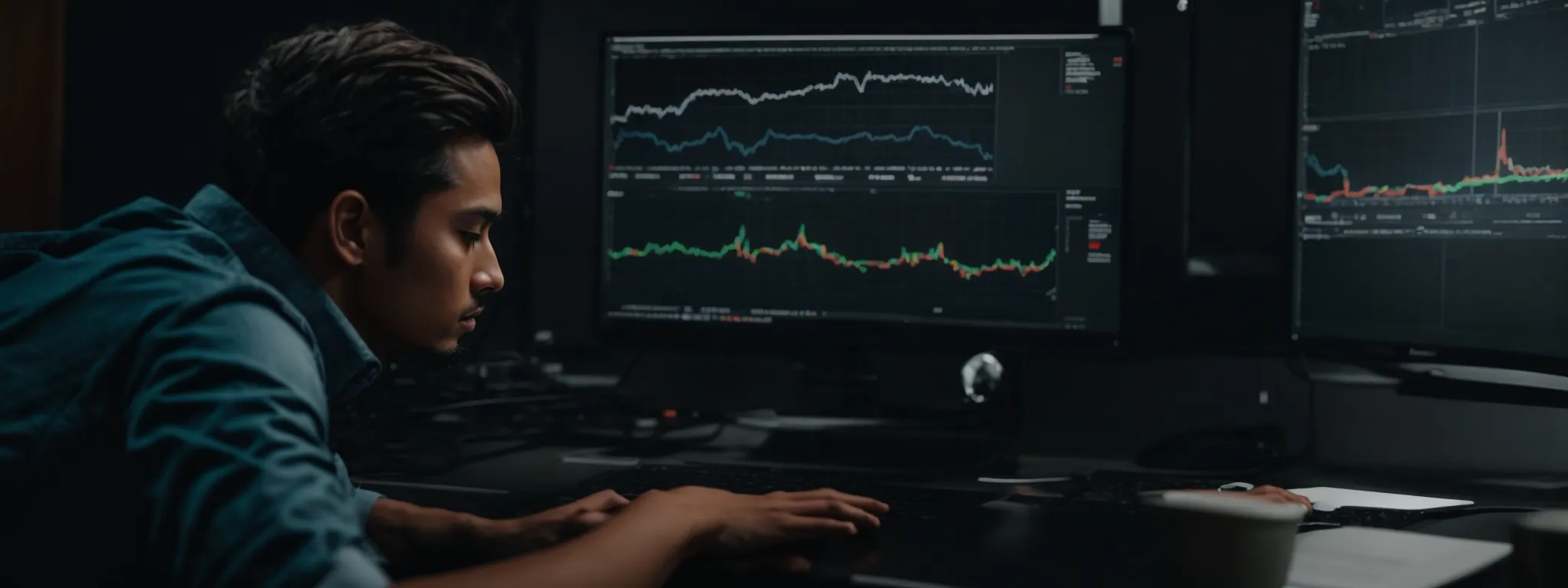 a person sitting at a computer analyzing charts and graphs on a youtube analytics dashboard.