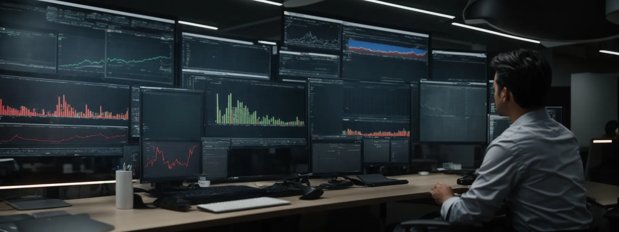 a seasoned marketer analyzes a graph illustrating keyword trends on a large computer monitor in a modern office setting.
