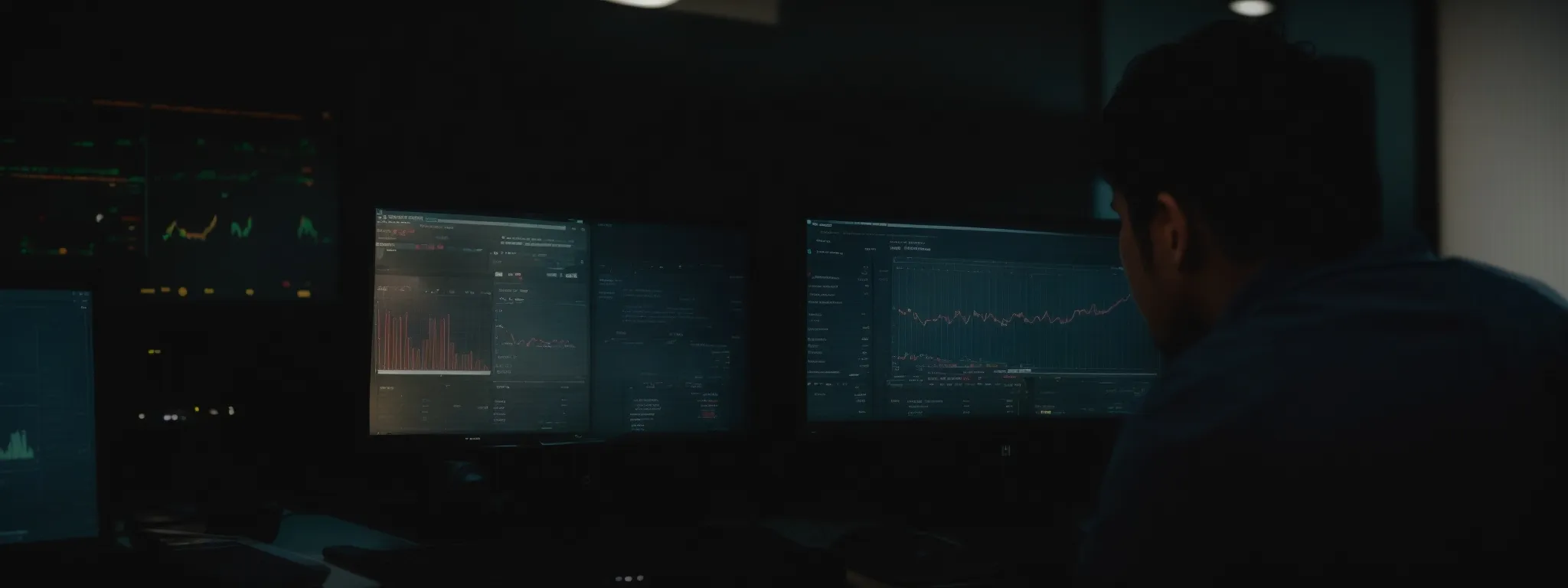 a digital marketer attentively examines a computer screen displaying an analytics dashboard.