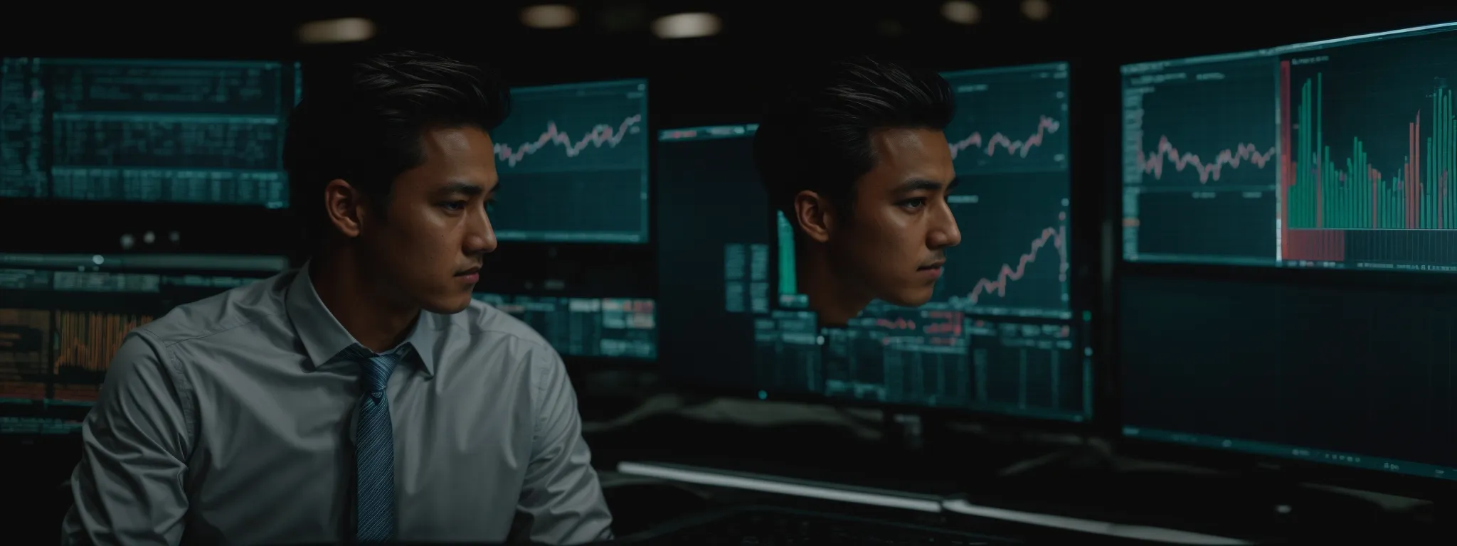 a marketer gazes intently at a large computer screen displaying colorful analytical graphs and keyword performance indicators.