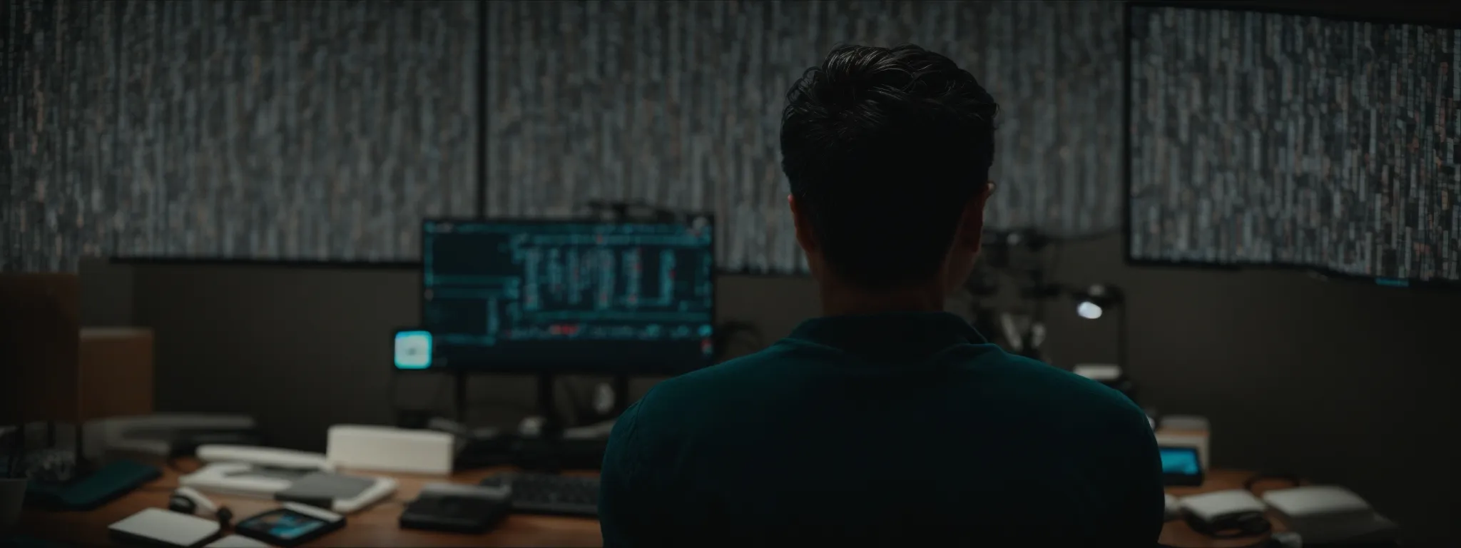 a focused individual intently gazes at a computer screen displaying multiple search engine results simultaneously.