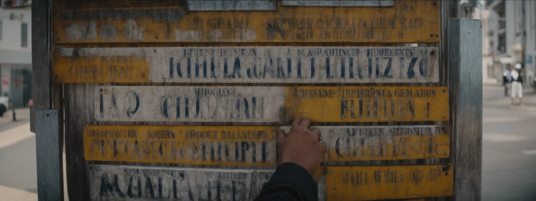 a person adjusting a signpost with various city names, suggesting local destinations.