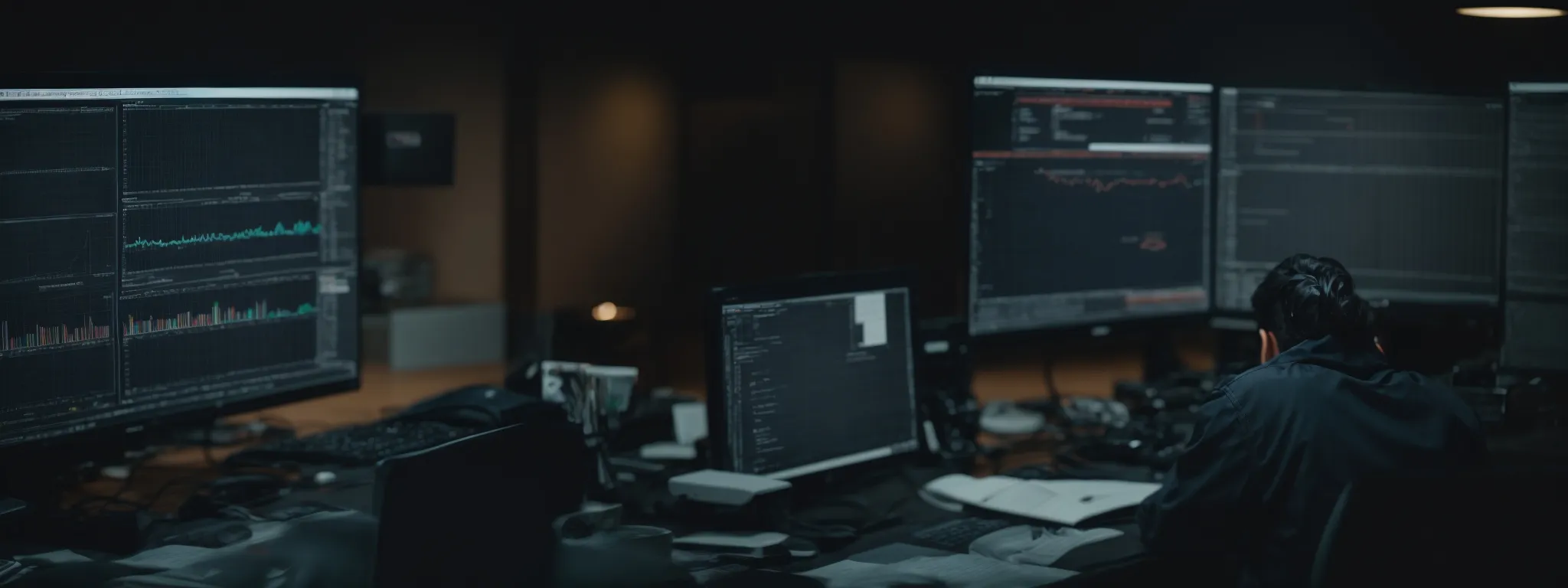 a focused individual examines a data-laden computer screen, plotting a strategic seo marketing plan.