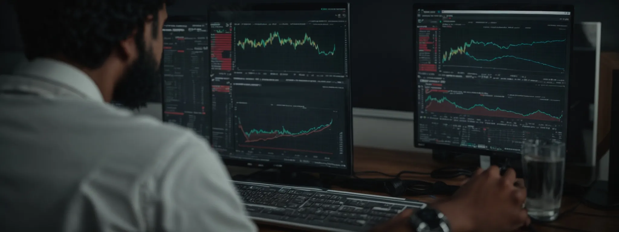 a person analyzing graphs on a computer screen showing youtube analytics and keyword trends.