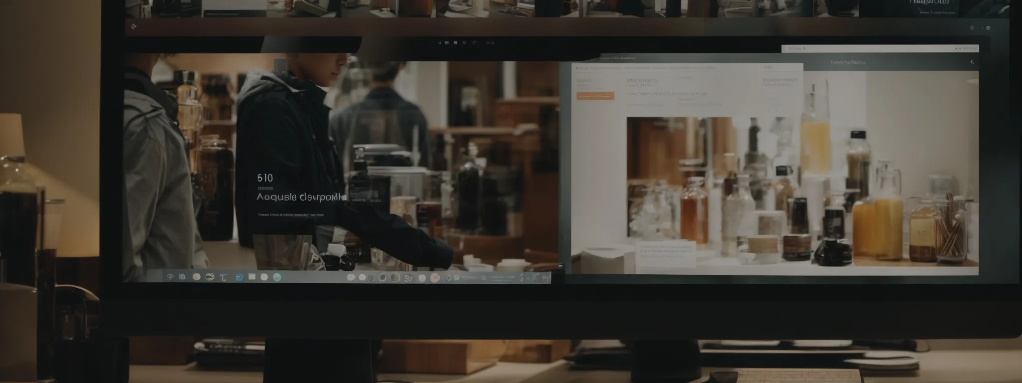 a shopper views a computer screen displaying a variety of products with a magnifying glass hovering over the search bar.