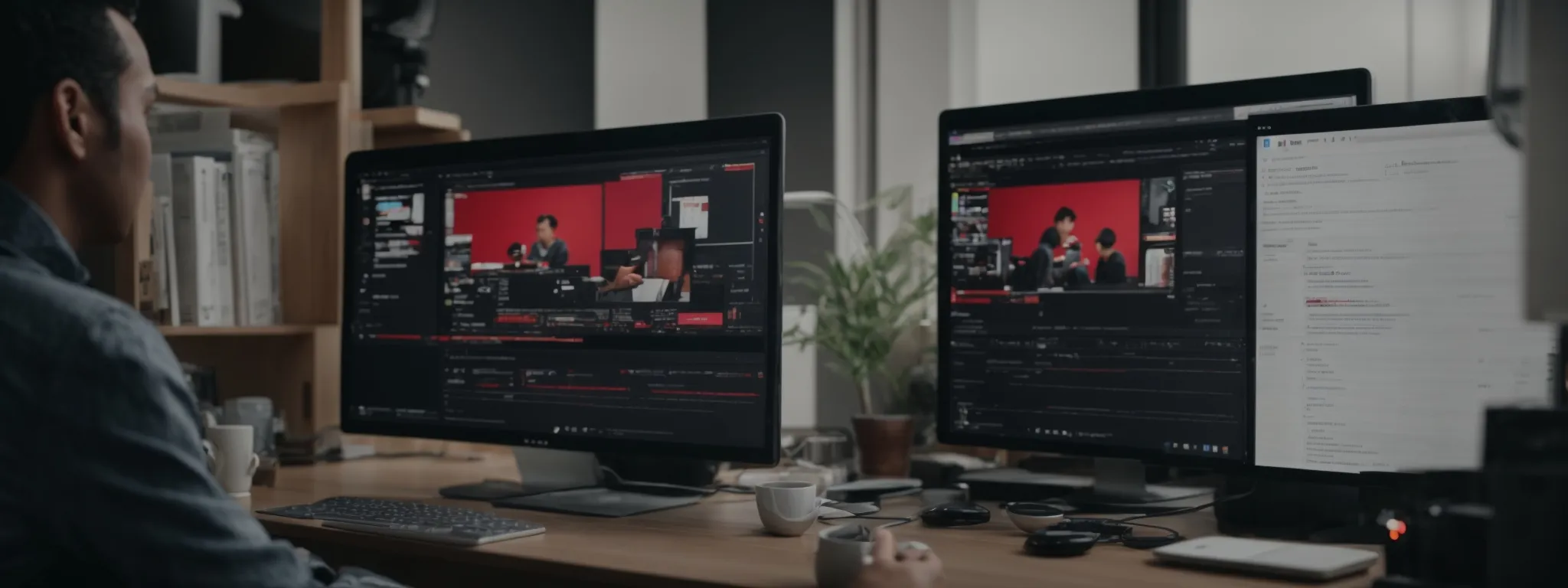 a content creator at a computer analyzes youtube shorts analytics while adjusting metadata and researching trending hashtags on the screen.