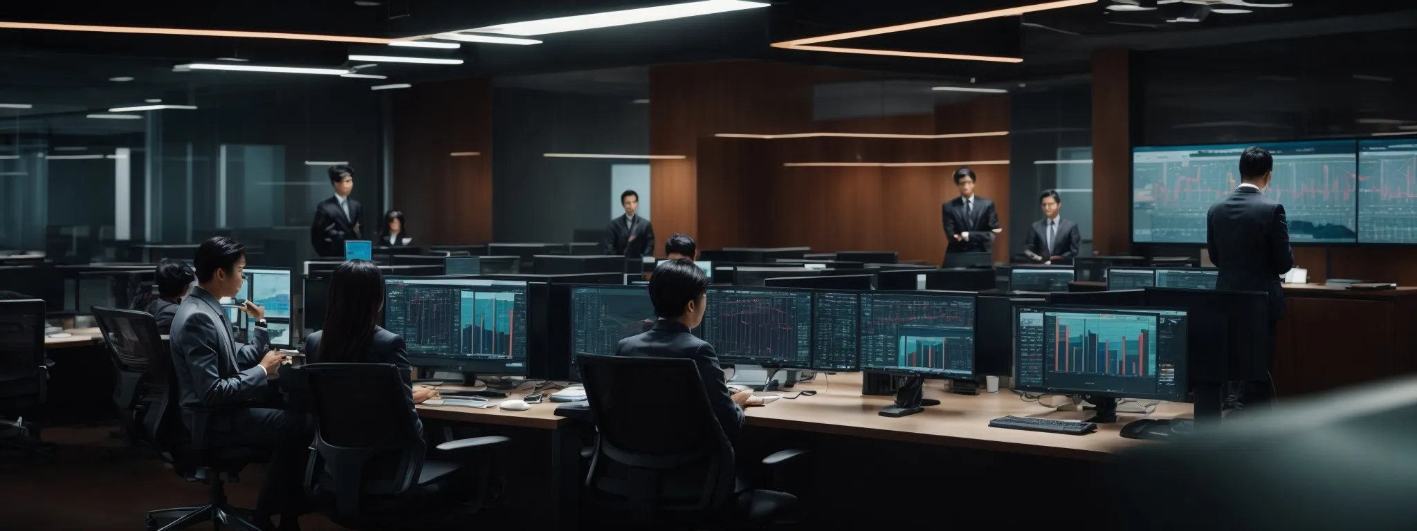a sleek, modern office with focused individuals intently observing computer screens displaying vibrant analytics dashboards.