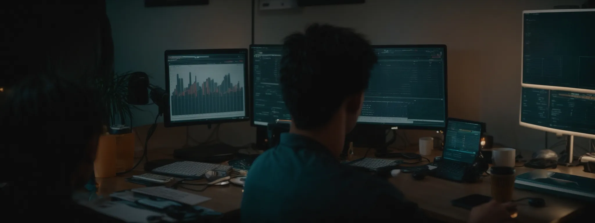 a person in front of a computer screen analyzing graphs and data for optimizing a video's seo.