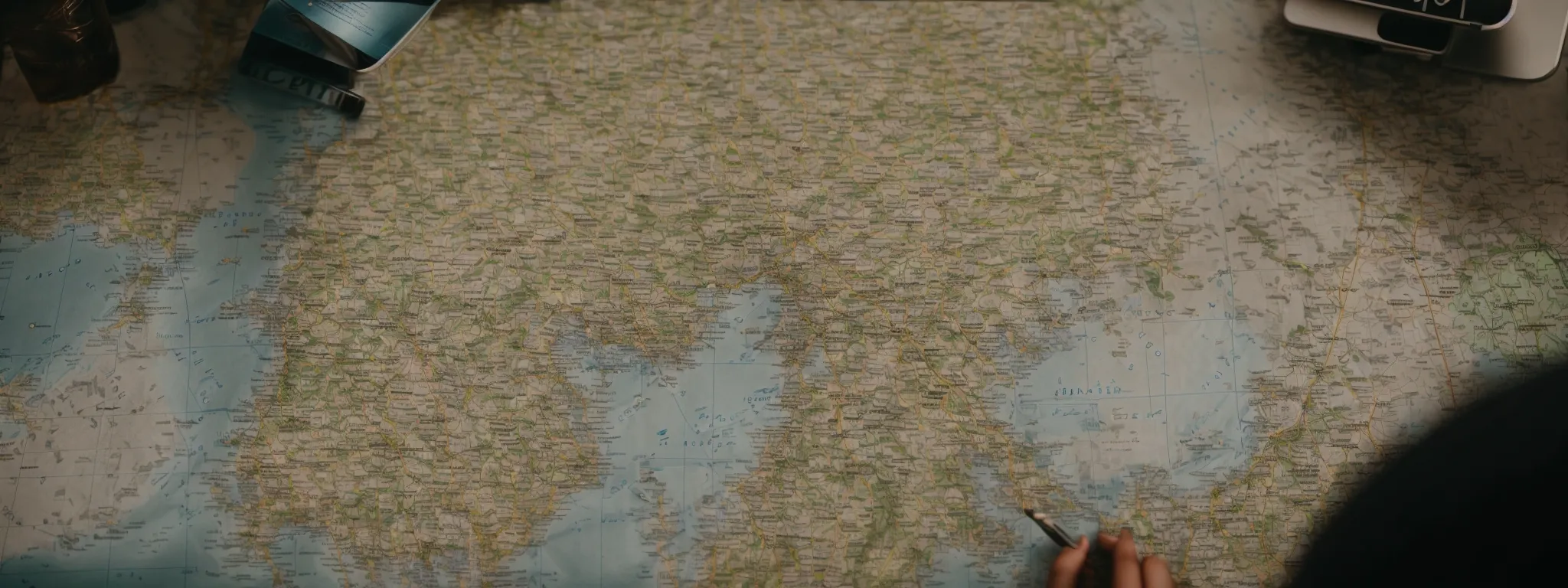 a person highlighting keywords on a map surrounded by seo research tools.