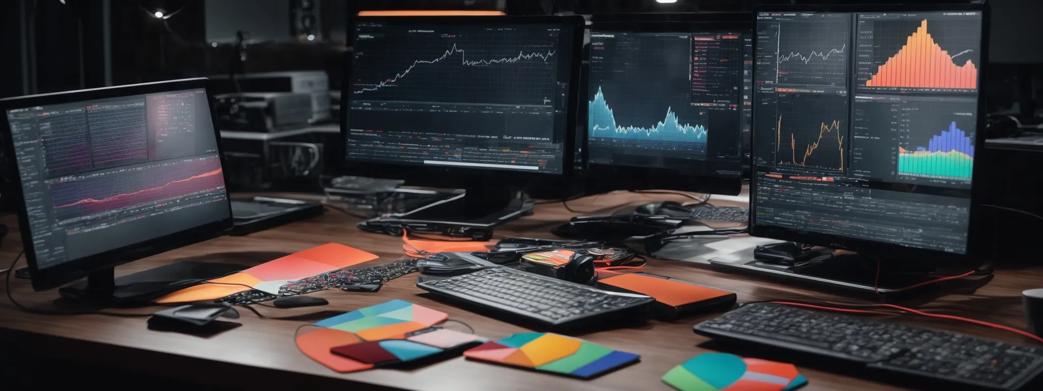 a computer screen displaying colorful graphs and search trend lines amidst an array of open digital marketing tools.