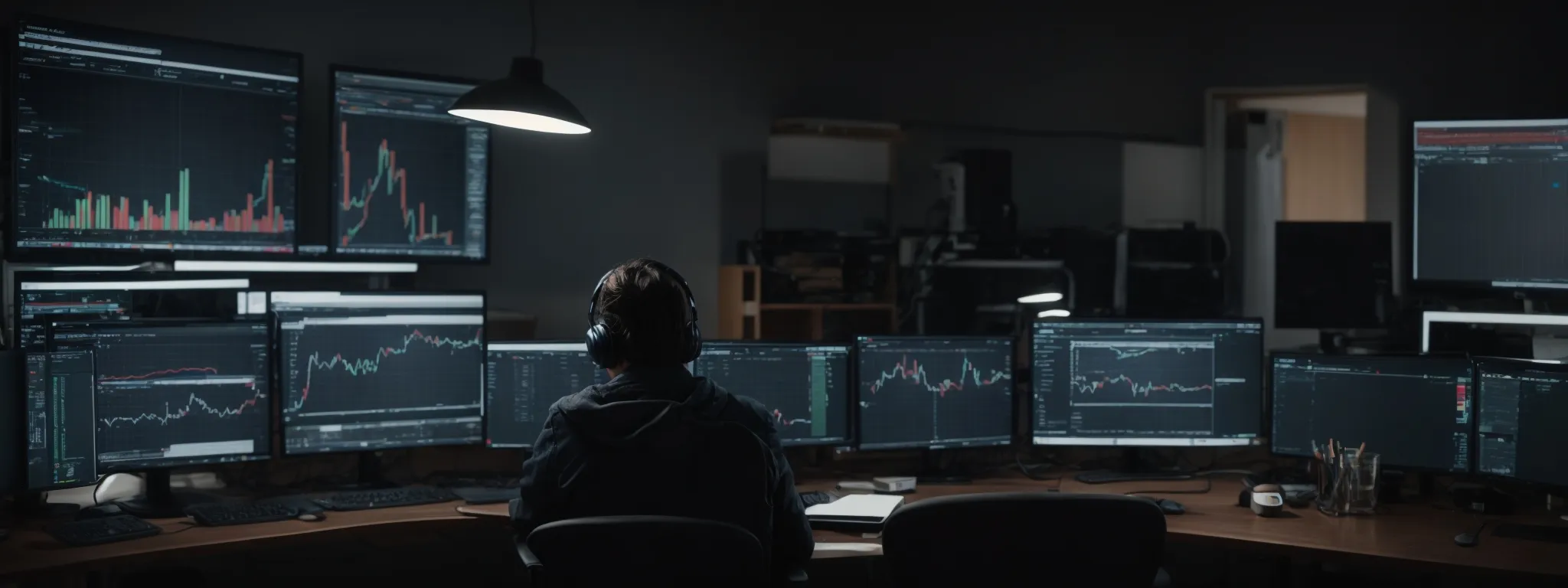 a person sitting at a desk with multiple computer monitors displaying graphs and analytics for youtube channel performance.