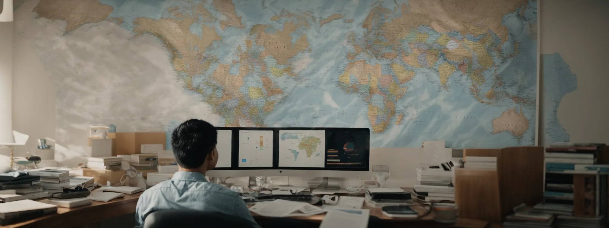 a person sitting at a computer with world maps and multiple language books around, analyzing data on a global scale.