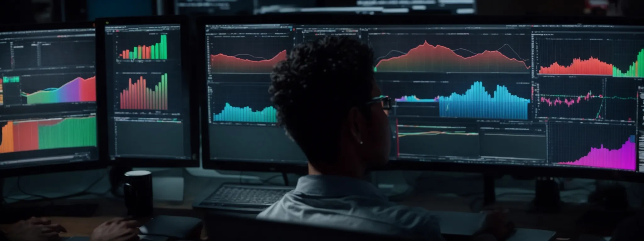 a person sitting at a desk with a computer displaying colorful graphs and search bars, indicating trend analysis and keyword brainstorming.