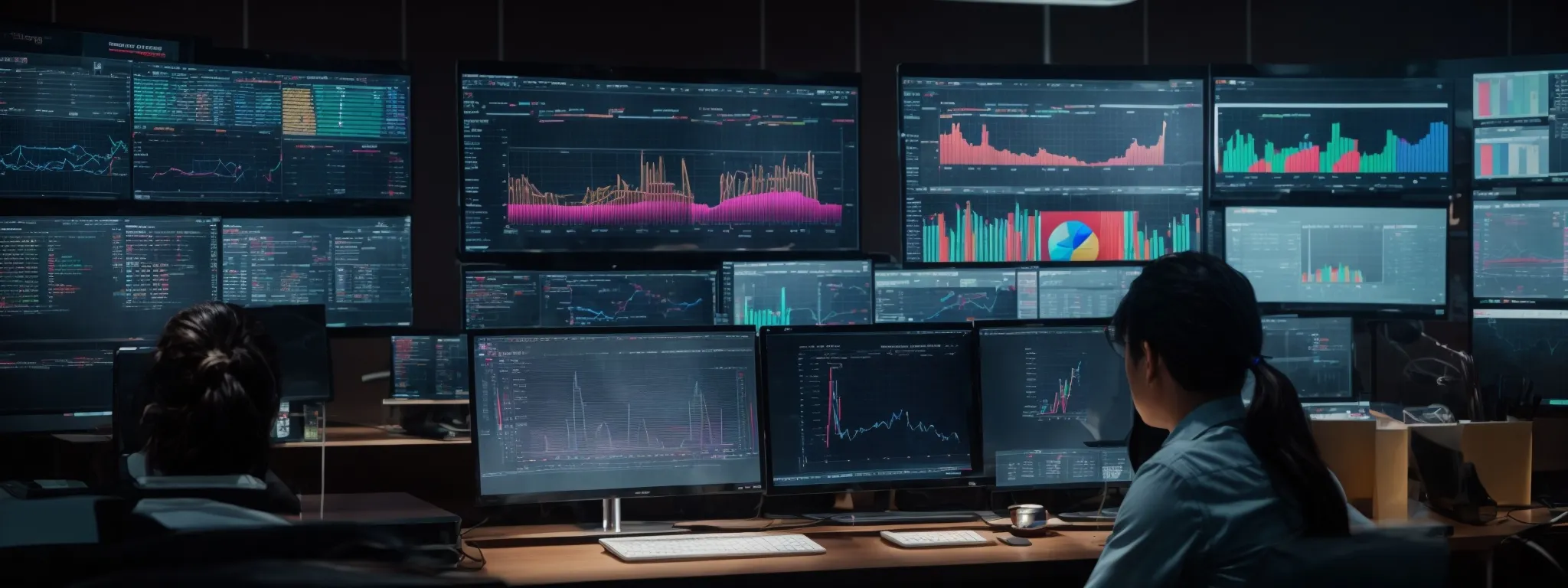 a person sitting at a desk with multiple digital screens displaying colorful graphs and data analytics related to search engine optimization.