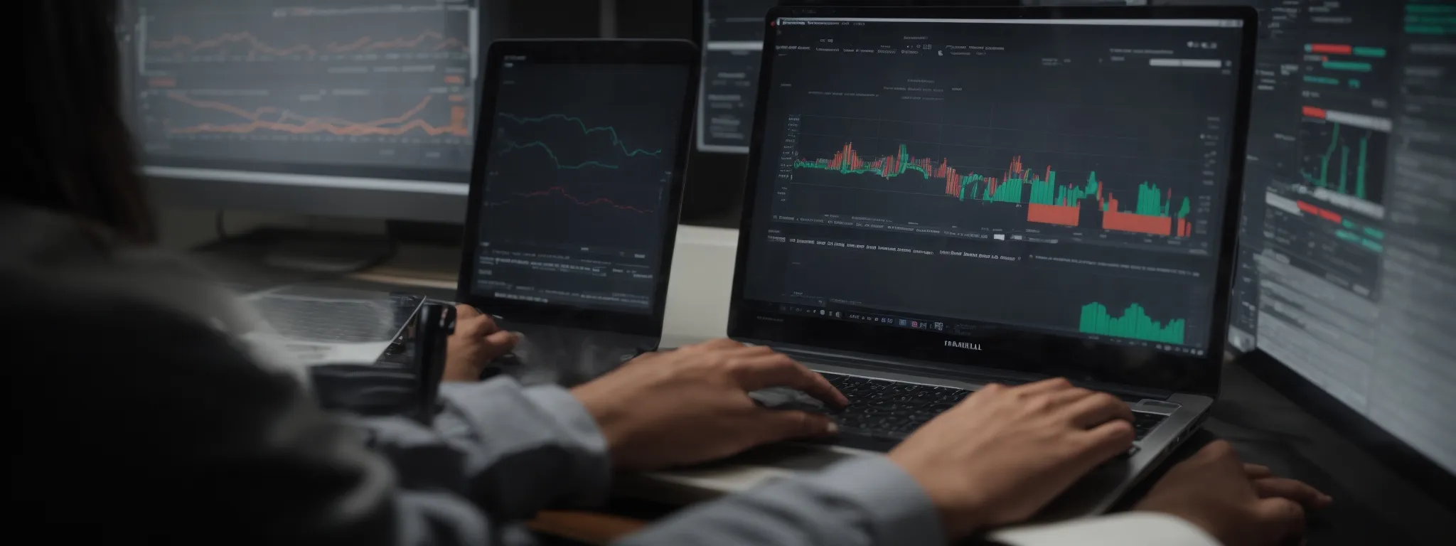 a person working intently on a laptop, with visible spreadsheets and graphs on the screen, representing a focus on digital marketing and seo analytics.