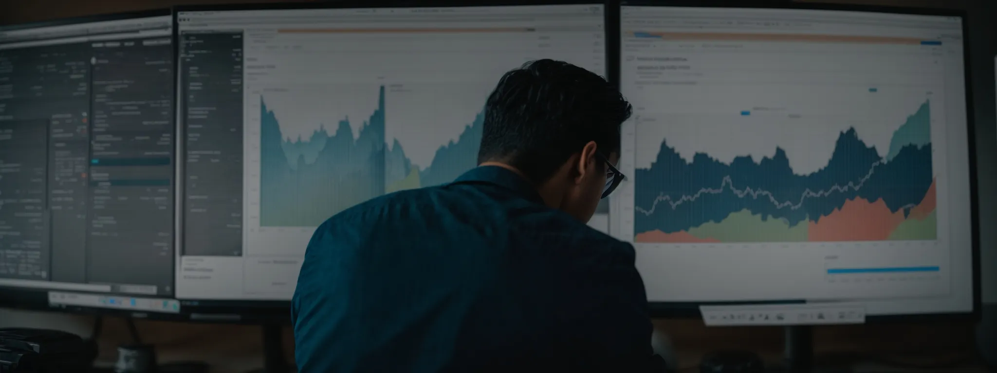 a marketer thoughtfully examines a computer screen displaying graphs and analytics representing search engine rankings.