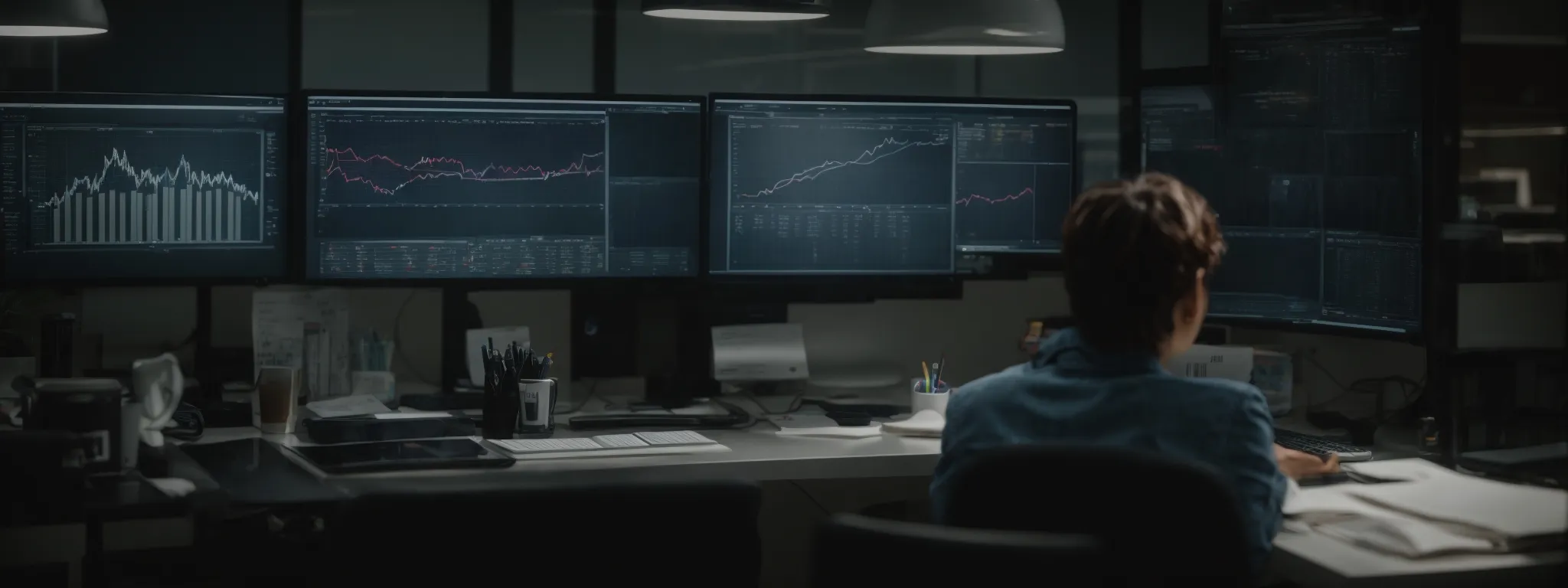 a person sits in a modern office, reviewing analytical data on a computer screen, surrounded by digital marketing strategy diagrams.