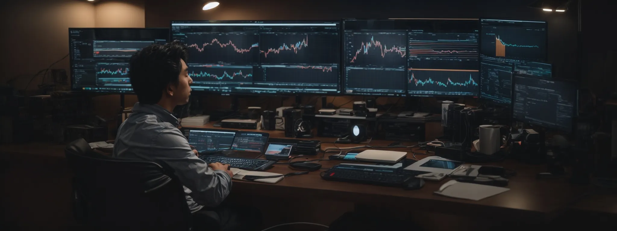 a person sitting at a desk with multiple computer monitors displaying graphs and analytics for youtube video performance.