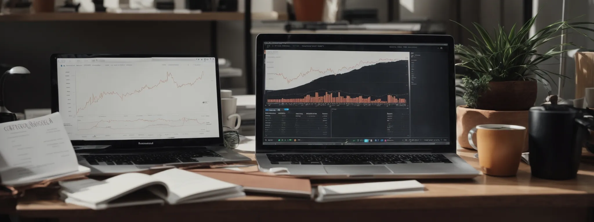 a clutter-free desk with a computer displaying graphs and analytics, alongside a coffee cup and a notepad with 'amazon keyword strategy' written on top.