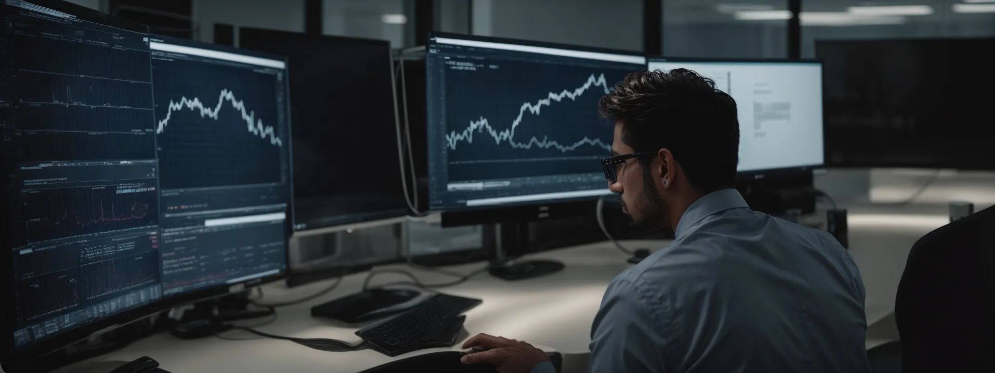 a focused individual studies a dashboard displaying seo analytics and trends on a large monitor in a modern office setting.