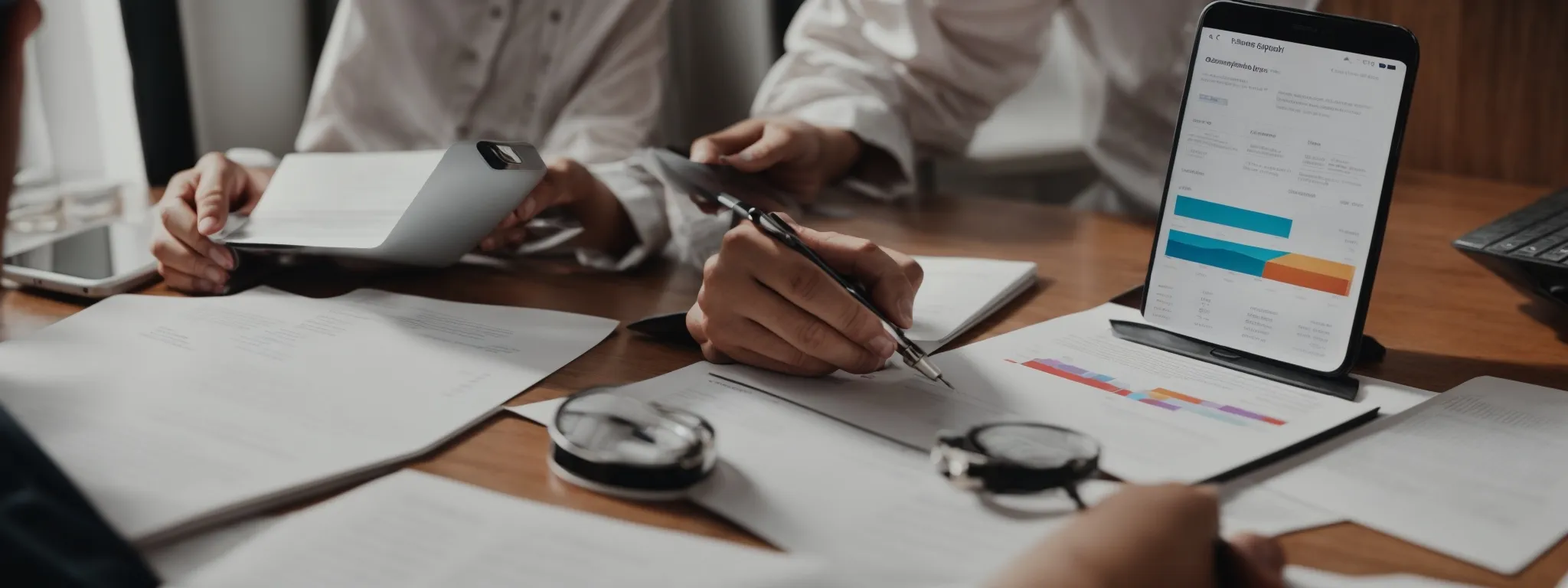 a professional scrutinizing a graph of trending keywords on a smartphone screen while surrounded by marketing analysis papers.